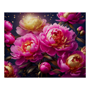 Pôster Lindas peônias cor-de-rosa com sotaques ouros