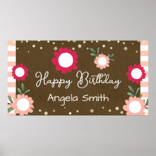 Poster Lindo Aniversário Menina Rosa Floral Kraft
