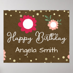 Poster Lindo Aniversário Menina Rosa Floral Kraft