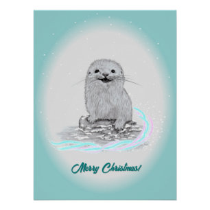 Pôster Lindo Bebê de Lontra Marinha Branca, Feliz Natal