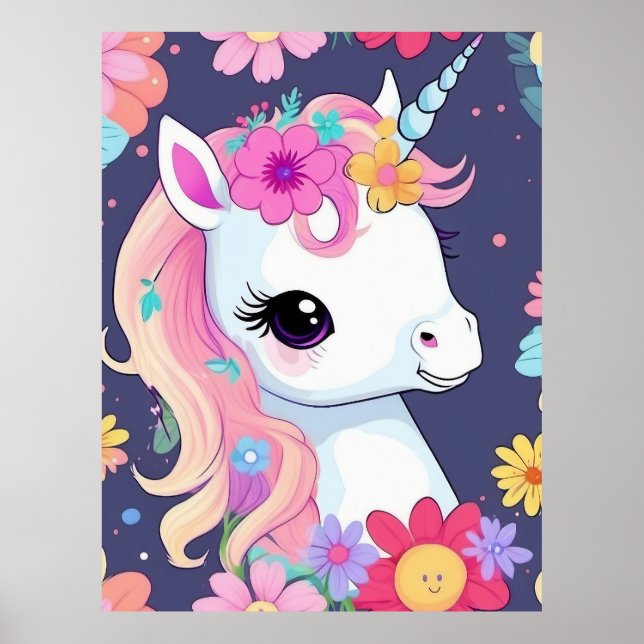 Poster Lindo Bebê Unicórnio Branco com Flores (Frente)