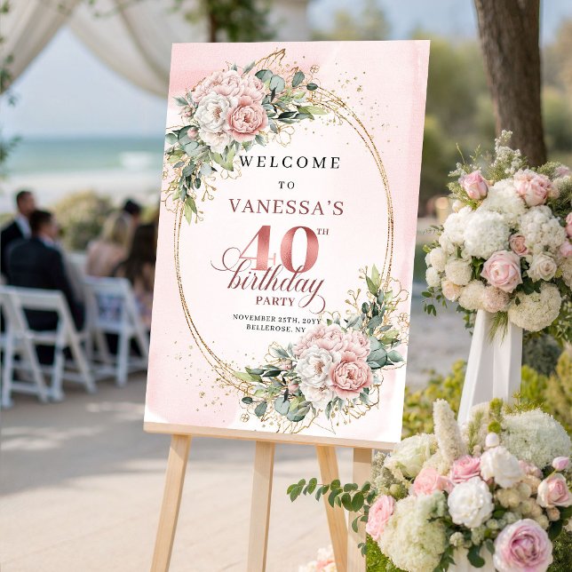 Poster Lindo Boho Rosa Claro Eucalipto 40º Aniversário  (Pretty Boho Light Pink Eucalyptus 40th Birthday Welcome)