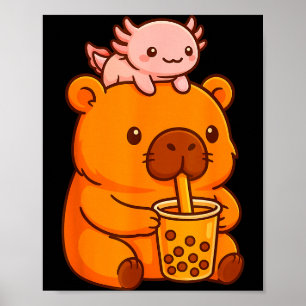 Poster Lindo Capivara Bebendo Chá Bubble e Axolote Kawaii