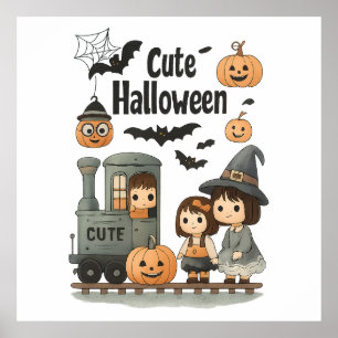 Poster Lindo Cartaz de Halloween – Trem Fantasma, Bruxa e