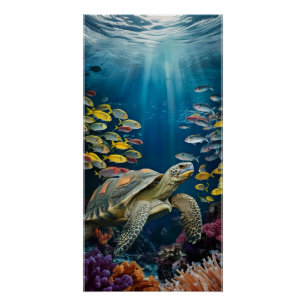 Pôster Lindo Cartaz de Tartaruga, Peixes e Plantas Marinh