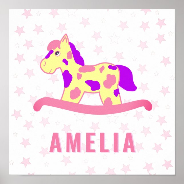 Poster Lindo Cavalo de Balanço Amarelo Rosa Estrela Nome  (Frente)