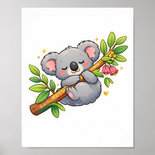 Poster Lindo coala dormindo em ramo de eucalipto Kawaii (Frente)