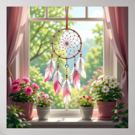 Poster Lindo Dreamcatcher Rosa e Plantas no Parapeito da
