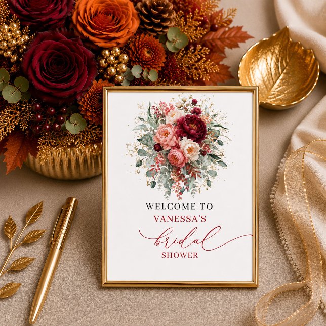 Poster Lindo floral vermelho profundo outonal chá de noiv (Lovely deep red floral autumn bridal shower 8x10 sign

)