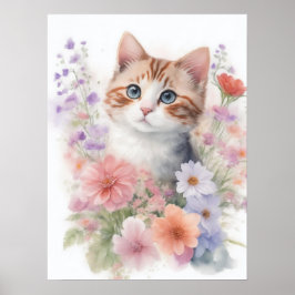 Poster Lindo Gatinho de Aquarela com Floral