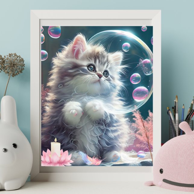 Poster Lindo Gato Branco Brincando com Bolhas Arte de Ber (Criador carregado)