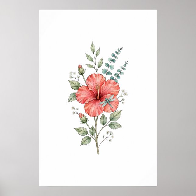 Poster Lindo Hibisco de Libélula Aquarela Jardim  (Frente)