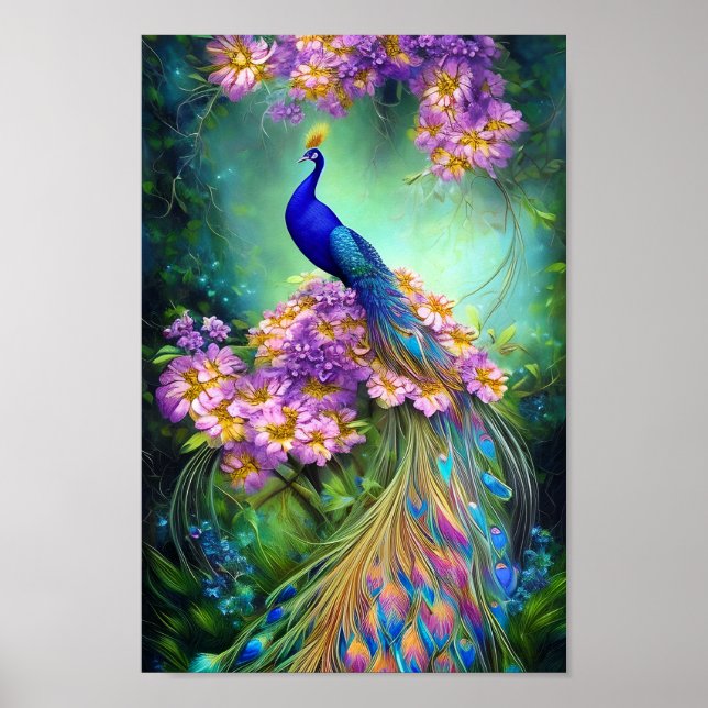 Poster Lindo pavão azul e floral roxo (Frente)