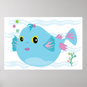 Poster Lindo Peixe Tropical Azul Barbatanas Rosa