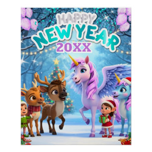 Pôster Lindo Poster de Ano Novo com Unicórnio e Rena para
