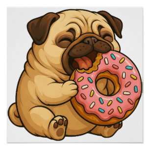 Pôster Lindo pug donut cartoon engraçado mastigando 