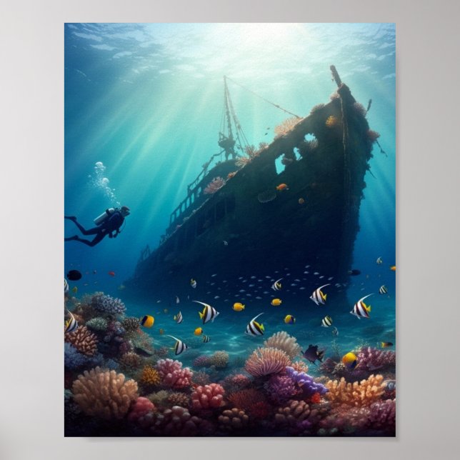 Poster Lindo recife de oceano e naufrágio (Frente)