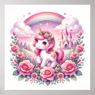 Poster Lindo Unicórnio Rosa e Castelo de Contos de Fadas 