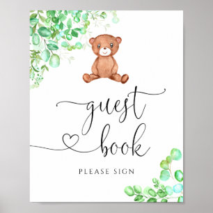 Poster Lindo ursinho eucalipto livro de visitas para chá 