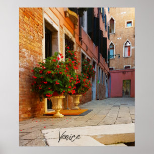 Poster Lindos canais de Flores Vermelhas de Veneza Itália