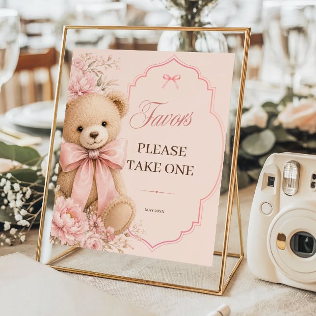 Poster Lindos Favores de Chá de Bebê Urso Teddy Rosa (Criador carregado)