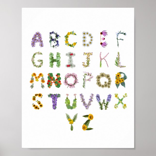 Poster Lindos Flores Botânicas Alphabet Baby Nursery (Frente)