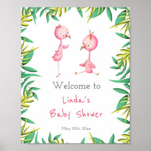 Poster Lindos Gêmeos Flamingos Tropicais Chá de Bebê