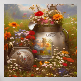 Poster Lindos girassóis flores silvestres vermelho azul