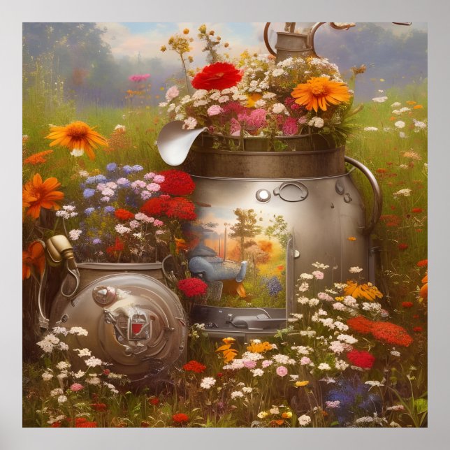 Poster Lindos girassóis flores silvestres vermelho azul (Frente)