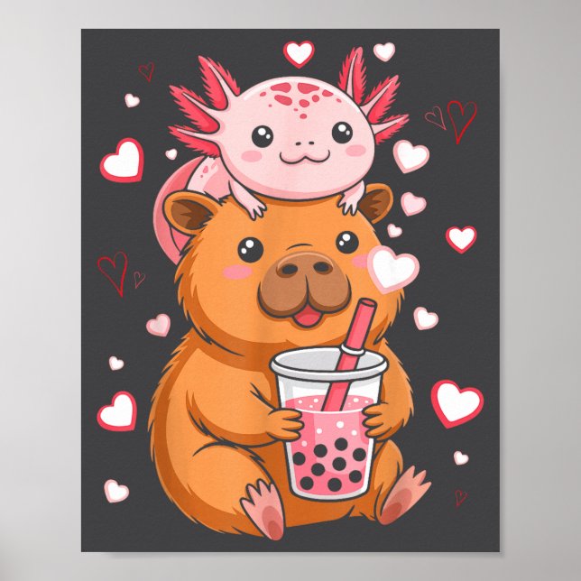 Poster Lindos Kawaii Axolotl Capivara Chá Bubble Meninas  (Frente)