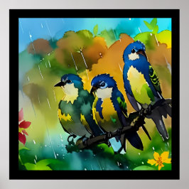Poster Lindos Três Pássaros Coloridos Sentados No Galho I