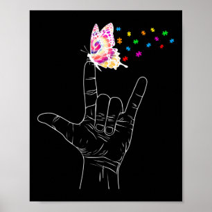 Poster Linguagem de Sinais Asl Eu Amo Você Borboleta Auti