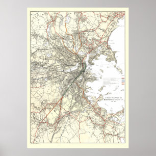 Pôster Linha de trânsito Mapa de Boston do vintage (1914