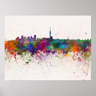 Pôster Linha do horizonte Auckland sobre fundo de aquarel