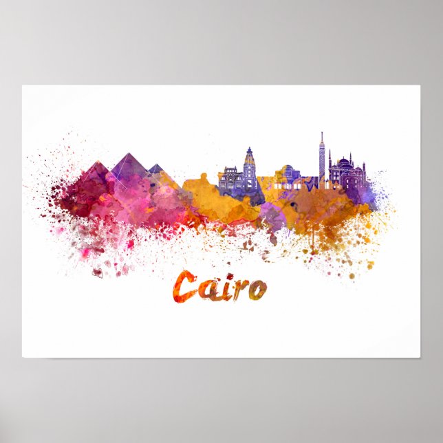 Pôster Linha do horizonte Cairo em aquarela (Frente)