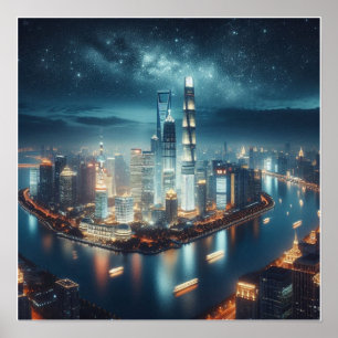 Poster Linha do horizonte da cidade na parede noturna de