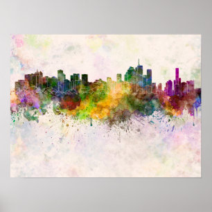 Pôster Linha do horizonte de Brisbane em fundo de aquarel