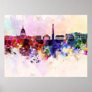 Poster Linha do horizonte Washington DC em fundo de aquar