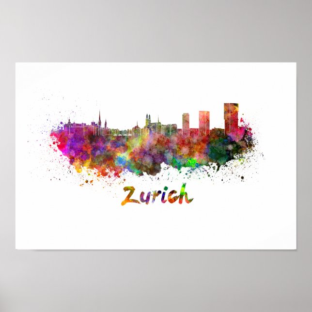 Poster Linha do horizonte Zurique com aquarela (Frente)