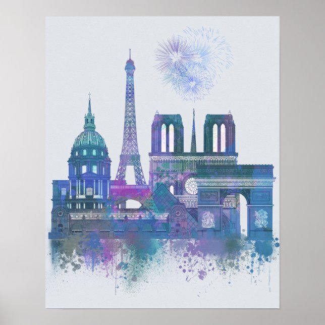 Poster Linha do Skyline de Paris - Azul Aquarela (Frente)