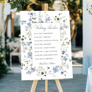 Poster Linha do Tempo de Casamento Floral Azul Branco Ver