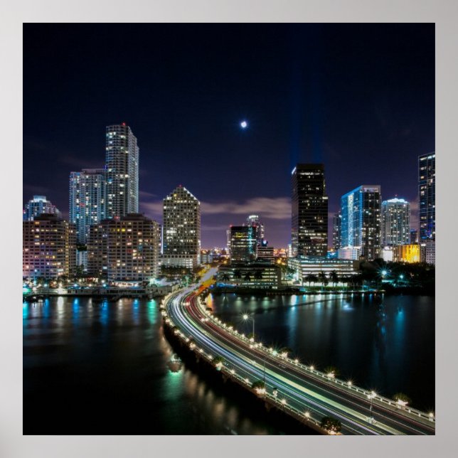 Poster Linha Skyline da cidade de Miami com ponte à noite (Frente)