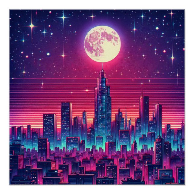 Pôster Linha Skyline da Cidade de Synth (Frente)