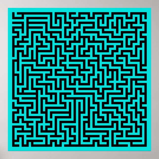 Poster Linhas de Labirinto Preto Turquesa (Frente)