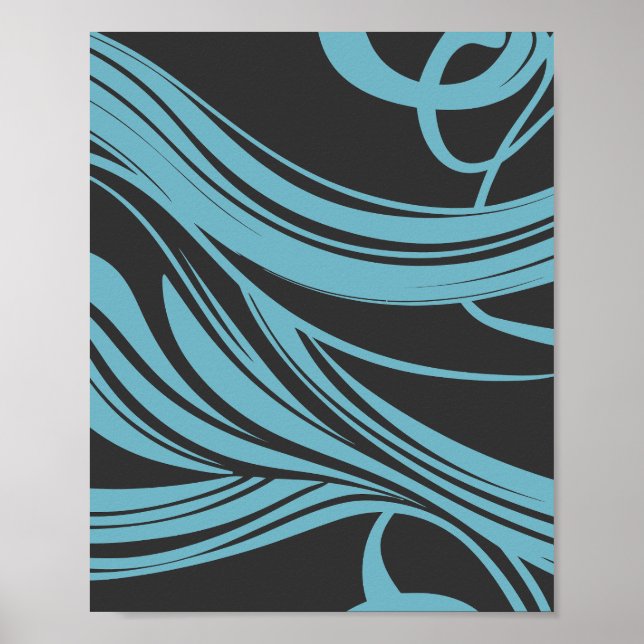 Poster Linhas Elegantes Fluindo em Turquesa em Preto (Frente)