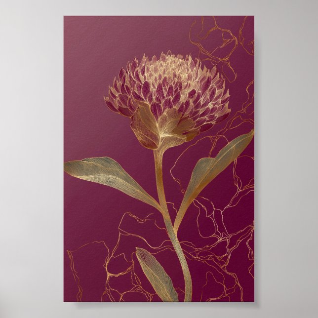 Poster Linhas Florais Botânicas em Dourado Vermelho Inten (Frente)