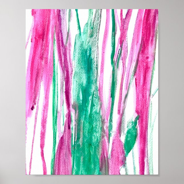 Poster Linhas Mínimas de Arte com Cor de Água Rosa Verde  (Frente)