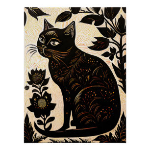 Pôster Linoco de Gato Negro Entre Flores