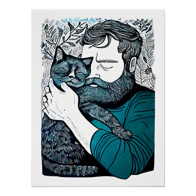 Pôster Linocut Bearded Man segurando um gato (Frente)