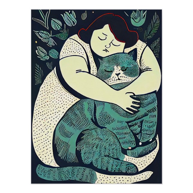 Pôster Linocut Voluptututut Mulher segurando um gato gran (Frente)